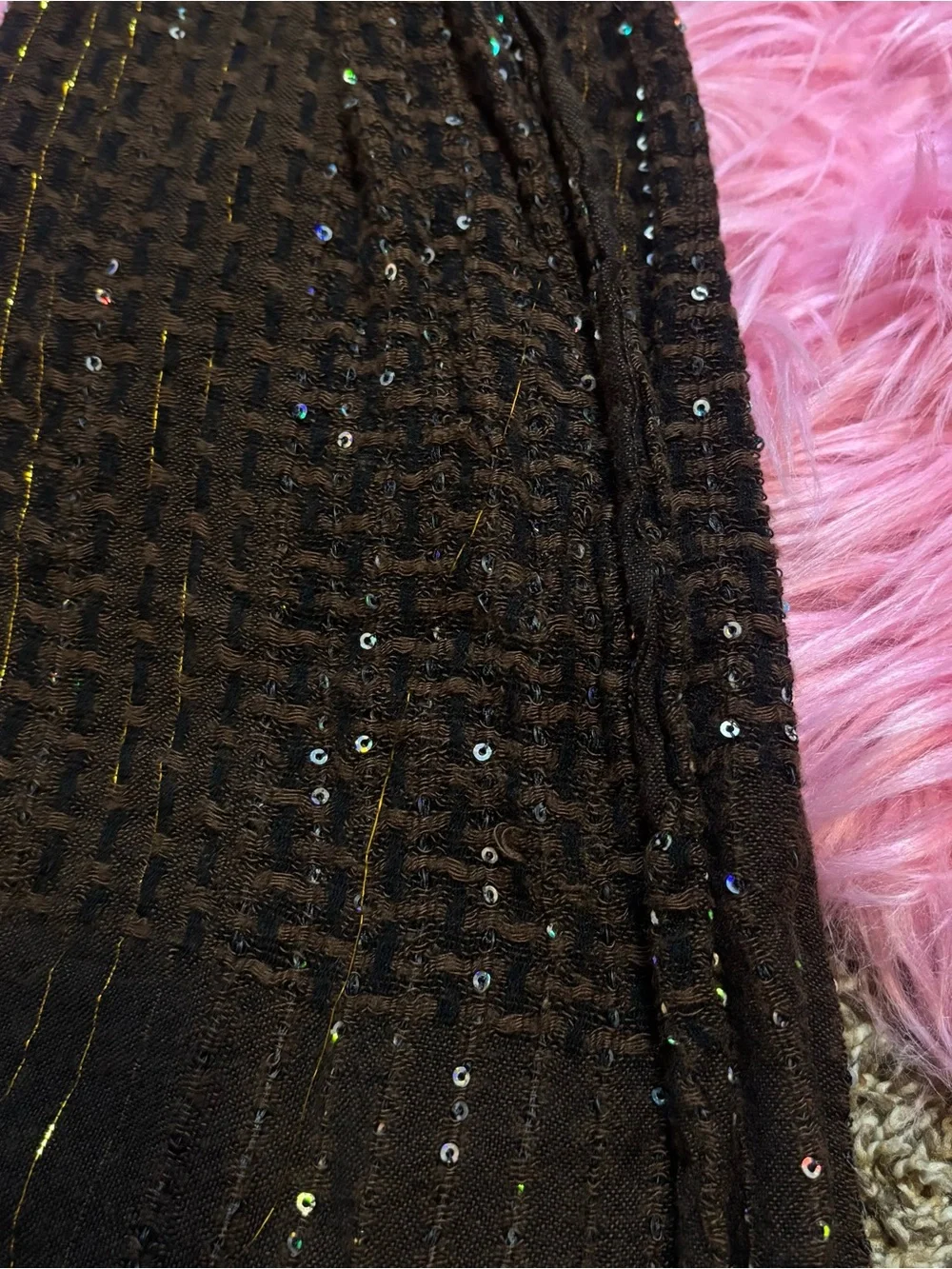 Brown Sequin Metallic Lurex Crinkle Scarf Wrap Shawl Y2K Boho